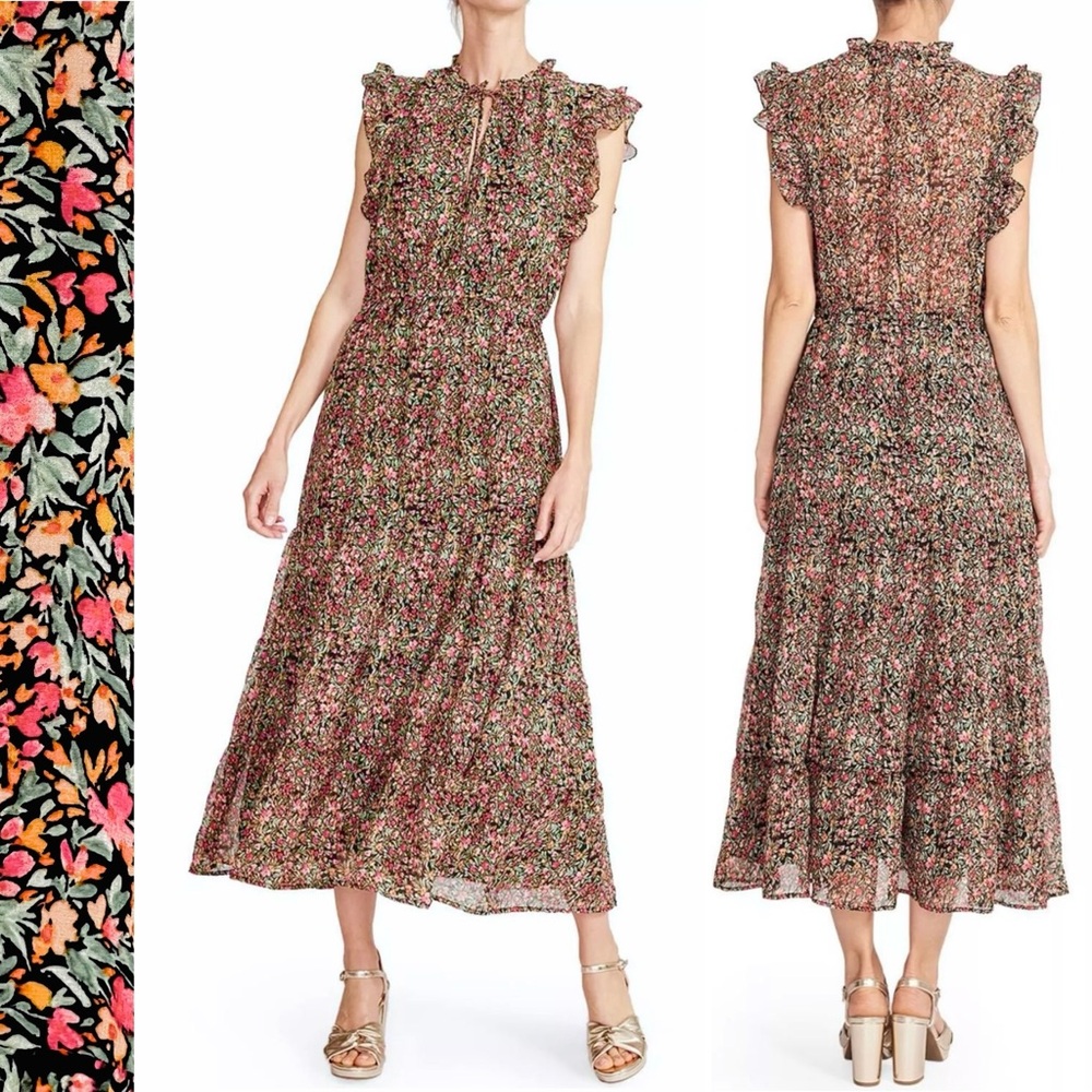 STEVE MADDEN Floral Chiffon Midi Dress Tiered Split Neck with Tie Satin Lining